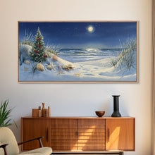 Cargar imagen en el visor de la galería, Christmas Tree on Snowy Beach with Full Moon, Framed Canvas Print, Coastal Christmas Art, Nautical Holiday Decor, Winter Wonderland, Beach