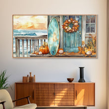 Load image into Gallery viewer, Coastal Surfboard and Pumpkins Fall Scene, Framed Canvas Print, Autumn Beach Decor, Fall Home Decor, Wall Art, Coastal Autumn Wall Print