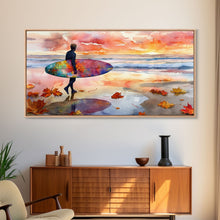 Carregar imagem no visualizador da galeria, Autumn Surfing Sunset Canvas Print | Fall Surf Art Gift | Seasonal Wall Art Decor | Gift Idea | Beach Decor Fall Theme | Framed Canvas Print