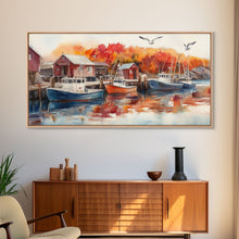 Carregar imagem no visualizador da galeria, Fishing boats in harbor with autumn trees, framed canvas print, fall coastal art, rustic nautical decor, perfect gift idea, autumn wall art