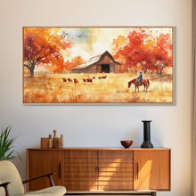 Load image into Gallery viewer, Cowboy on horse in autumn farm scene, framed canvas print, rustic fall decor, farmhouse home decor, cozy autumn landscape art, fall wall art