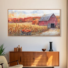 Carregar imagem no visualizador da galeria, Autumn Barn with Pumpkins in Wheelbarrow, Farmhouse Fall Decor, Framed Canvas Print, Seasonal Wall Art, Country Home Decor, Gift Idea