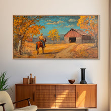 Load image into Gallery viewer, Cowboy Horse Autumn River Framed Canvas Print Perfect Above Sofa Fall Cowboy Art Moody Landscape Fall Western Wall Art