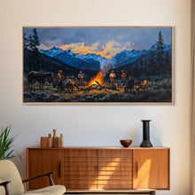 Carregar imagem no visualizador da galeria, Framed Canvas Print Western Cowboys Campfire Evening Art Landscape Rustic Winter Mountain Home Decor Extra Large Wall Art Gift