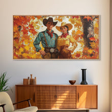 Carregar imagem no visualizador da galeria, Autumn Cowboy In Forest Framed Canvas Print Western Cowboy Wall Art Fall Cowboy Gift Rustic Wall Decor Moody Landscape Above Sofa