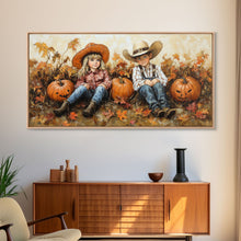 Carregar imagem no visualizador da galeria, Framed Canvas Print Cowboy On Horse Overlooking Fall Mountain Peaks Western Horse Rider Autumn Scenic Wall Art Fall Colors