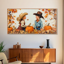 Load image into Gallery viewer, Cute Cowboy and Cowgirl In a Pumpkin Patch, Framed Canvas Print, 1950s Style Wall Art, Nursery Decor