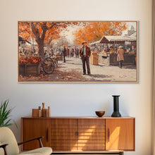 Load image into Gallery viewer, Cowboy in green jacket, snow-capped mountains trees, Framed Canvas Print, tall western Christmas wall art, winter decor, colorful landscape