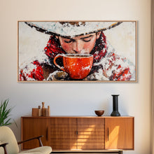 Load image into Gallery viewer, Cowboy in forest with burning fire, deep autumn hues, Framed Canvas Print, moody landscape, fall western art, rustic wall piece, wall decor