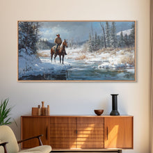 Load image into Gallery viewer, Cowboy riding horse through vibrant autumn forest, Framed Canvas Print, tall fall wall art, rustic western decor, moody landscape