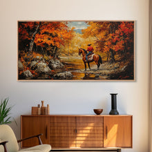 Load image into Gallery viewer, Cowboy resting in the snow with white pink background, Framed Canvas Print, minimalist winter wall art, western home decor, seasonal artwork