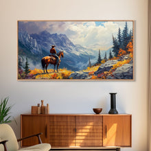 Load image into Gallery viewer, Close-up of Western cowgirl in fall foliage, Framed Canvas Print, modern tall art farmhouse gallery wall, rustic cowboy aesthetic wall print