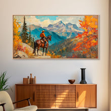 Carregar imagem no visualizador da galeria, Female cowboy in fall forest, Framed Canvas Print, tall striking artwork rustic or modern farmhouse seasonal wall art