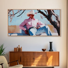 Carregar imagem no visualizador da galeria, Autumn-themed portrait Framed Canvas Print of a woman in a cowboy hat holding a cup of coffee, surrounded by fall leaves, cozy fall decor