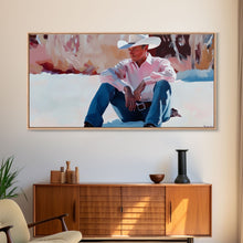 Carregar imagem no visualizador da galeria, Fall harvest Framed Canvas Print featuring a cowgirl sitting among pumpkins in a rustic setting, farmhouse autumn decor and wall art