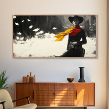 Load image into Gallery viewer, Bold Framed Canvas Print of a Cowgirl Riding Through Snow, Western Horse Art, Dynamic Winter Wall Decor and Christmas Holiday Gift Idea
