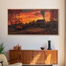 Carregar imagem no visualizador da galeria, Autumn Sunset With Pumpkins And Horse Wagon, Cozy Fall Landscape Wall Art, Rustic Country Framed Canvas Print, Warm Autumn Home Decor