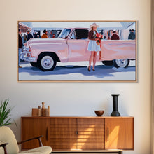 Load image into Gallery viewer, Cute Cowgirl and Her Pink Truck, Framed Canvas Print, Retro Pink Fall Decor, Wall Art Fall Home Decor, Ideal Gift Idea Rustic Seasonal Decor