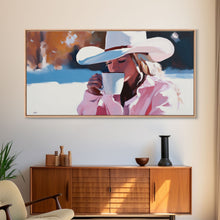 Load image into Gallery viewer, Cowgirl Enjoying A Cup of Coffee, Framed Canvas Print, Winter Wall Art, Pink Decor, Gift For Her, Seasonal Winter Home Decor
