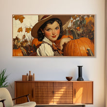 Load image into Gallery viewer, Cowgirl In A Pumpkin Patch, Framed Canvas Print, Retro Style Fall or Thanksgiving Wall Art, Farmhouse Decor, Christmas Wall Decor Gift