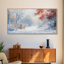 Load image into Gallery viewer, Cozy Cabin in the Snow Framed Canvas Print, Ideal Christmas Holiday Wall Art for Winter Wonderland Decor and Festive Home Interiors