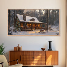 Load image into Gallery viewer, Cozy Christmas Cabin in Woods Framed Canvas Print - Rustic Christmas Decor and Winter Wonderland Scene with Holiday Wall Art