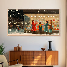 Cargar imagen en el visor de la galería, Christmas Window Shopping Scene Framed Canvas Print, Nostalgic Winter Holiday Wall Art Decor, Best Christmas Gift Idea, City Christmas Decor