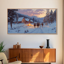 Load image into Gallery viewer, Cowboys and Log Cabin Winter Christmas Framed Canvas Print, Rustic Mountain Holiday Scene Art, Best Christmas Gift Idea, Winter Decor