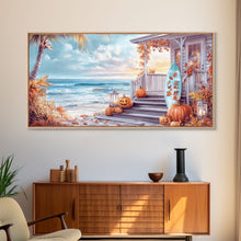 Carregar imagem no visualizador da galeria, Fall Beachfront Porch With Pumpkins Autumn Decor Framed Canvas Print, Coastal Autumn Home Decor Wall Art Beach Vibes