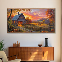 Load image into Gallery viewer, Cozy Barn at Sunset Framed Canvas Print, Fall Harvest Wall Art, Country Farmhouse Autumn Decor, Seasonal Gift Idea Best Fall Wall Art