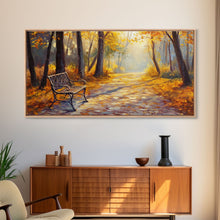 Load image into Gallery viewer, Autumn Path Bench Framed Canvas Print, Serene Fall Landscape Wall Art, Cozy Farmhouse Decor, Seasonal Wall Art Gift Idea