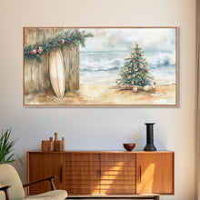 Cargar imagen en el visor de la galería, Christmas Tree On Sandy Beach With Surfboard Coastal Decor Framed Canvas Print, Beach Christmas Decor Wall Art
