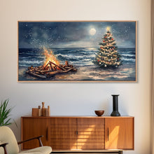 Load image into Gallery viewer, Cozy Bonfire On Beach With Christmas Tree Framed Canvas Print, Nighttime Winter Beach Holiday Wall Art And Coastal Decor