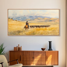 Load image into Gallery viewer, Cowboy On Snowy Path Framed Canvas Print Tall Art Winter Wonderland Western Christmas Decor Rustic Winter Wall Art Gift Cowboy Holiday Gift