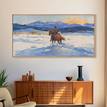 Load image into Gallery viewer, Cowboy In Golden Light Framed Canvas Print Tall Art Autumn Country Landscape Fall Decor Rustic Western Wall Art Farmhouse Decor Gift