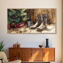 Load image into Gallery viewer, Christmas Cowboy Boots By Tree Framed Canvas Print Tall Art Rustic Western Christmas Decor Farmhouse Holiday Wall Art Cowboy Holiday Gift