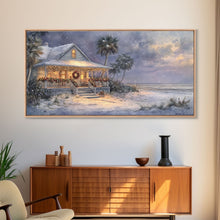 Load image into Gallery viewer, Christmas beach decor scene in tropical house with wreath and lights, Framed Canvas Print palm trees snow, winter art and holiday home decor