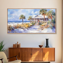 Load image into Gallery viewer, Snowy tropical Christmas decor scene, Framed Canvas Print beach house wreath and holiday lights, winter coastal home decor Christmas art