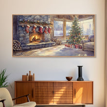 Load image into Gallery viewer, Snowy cabin lake scene at dusk with Christmas lights, Framed Canvas Print with a warm cabin glow, for winter wall art Christmas home decor