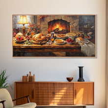 Load image into Gallery viewer, Cozy Thanksgiving Feast by Fireplace Framed Canvas Print Seasonal Wall Art, Rustic Fall Decor, Harvest Celebration Art Print for Home