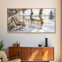Load image into Gallery viewer, Snowy porch scene with wreaths and holiday greenery, framed canvas print, cozy winter Christmas decor perfect holiday wall display
