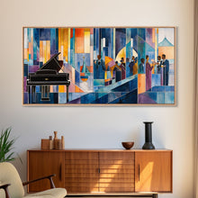 Load image into Gallery viewer, Abstract jazz party scene with grand piano, colorful stained glass aesthetic, framed canvas print ideal vibrant music wall art decor