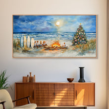 Cargar imagen en el visor de la galería, Christmas bonfire on the beach with surfboards and decorated tree, framed canvas print ideal tropical holiday wall art decor