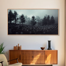 Load image into Gallery viewer, Creepy Haunted Cemetery, Spooky Halloween Art, Graveyard, ready to hang canvas print wall art, Black And White Art, Halloween Decor