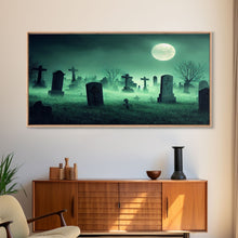 Carregar imagem no visualizador da galeria, Full Moon Over A Haunted Cemetery At Night, Spooky Creepy Graveyard, ready to hang canvas print wall art, Halloween Art