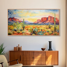 Load image into Gallery viewer, Boho Whimsical Wall Art, Pastel Desert Print, Framed Canvas Art, Unique Wall Art, Minimalist MCM Style Wall Art, Landscape Painting