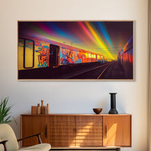 Load image into Gallery viewer, Box car graffiti art, wall decor, train box car, ready to hang canvas print wall art, rainbow train wall art