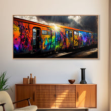 Load image into Gallery viewer, Box car graffiti art, wall decor, train box car, ready to hang canvas print wall art, rainbow train wall art