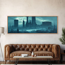 Load image into Gallery viewer, Dystopian Cyberpunk Metropolis, Steampunk Mashup, Extra Large Wall Art, Framed Panoramic Canvas Print, Framed Wall Art