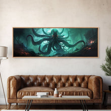 Load image into Gallery viewer, Rise Of Cthulhu Framed Canvas Print, Panoramic Call of Cthulhu H.P. Lovecraft Cosmic Horror Steampunk Gothic Darrk Art Wall Decor